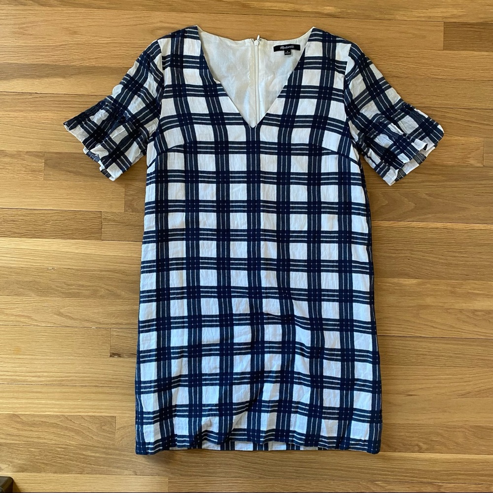 Blue & White Plaid Madewell Shift Dress with Sleeve Accents Size 0